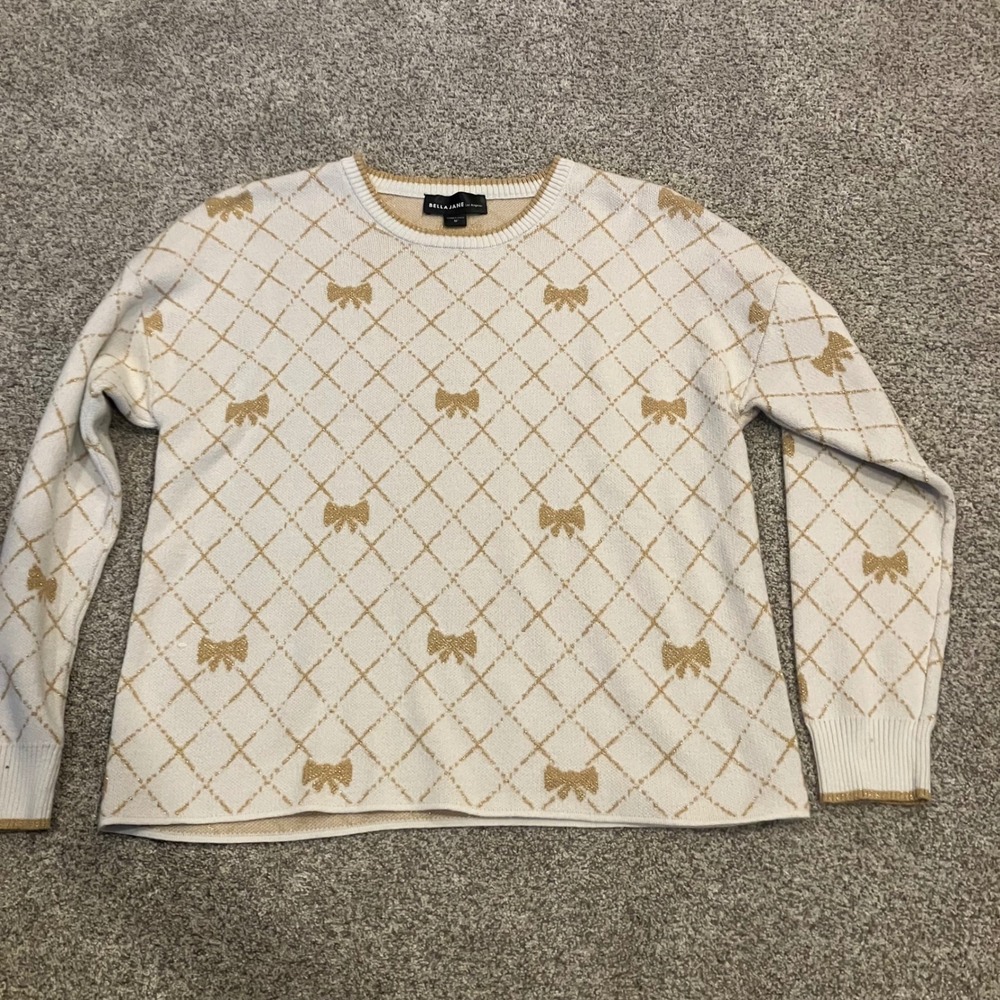 Bella Jane Los Angeles Womens M Gold Metallic Bow Diamond Knit Sweater White